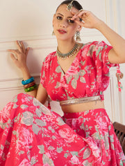 Women Red Floral Anarkali Skirt With Crop Top-SHSET95948