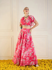 Women Red Floral Anarkali Skirt With Crop Top-SHSET95948