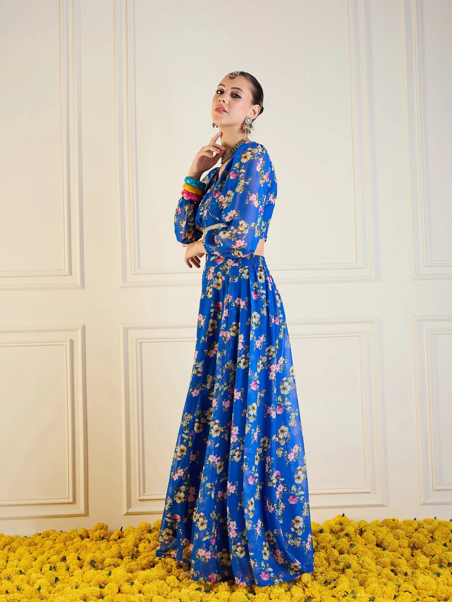 Royal Blue Floral Anarkali Skirt Set | Designer Lehenga Choli