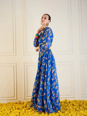 Women Royal Blue Floral Anarkali Skirt With Wrap Crop Top-SHSET95950