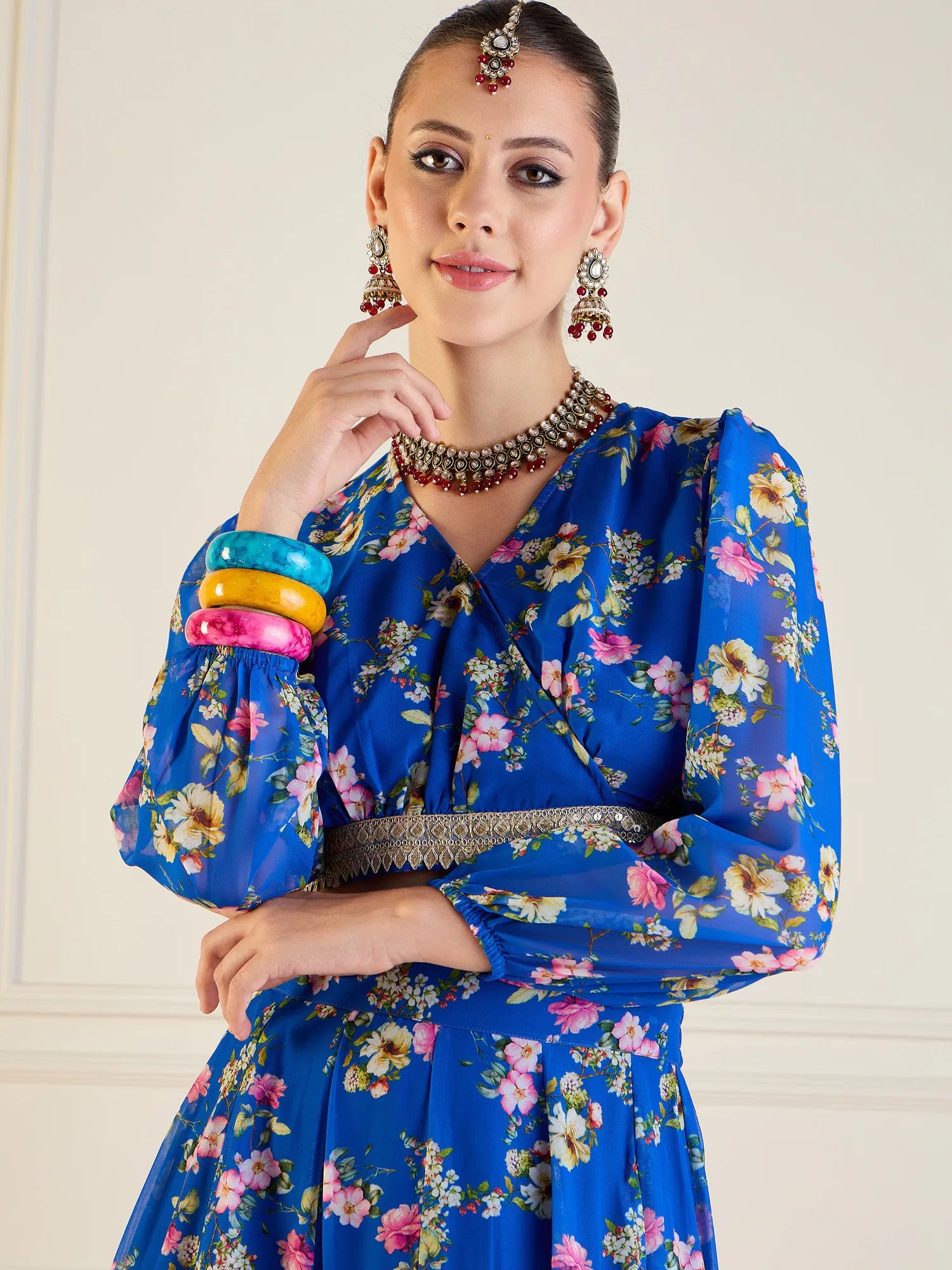 Royal Blue Floral Anarkali Skirt Set | Designer Lehenga Choli