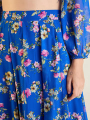 Women Royal Blue Floral Anarkali Skirt With Wrap Crop Top-SHSET95950