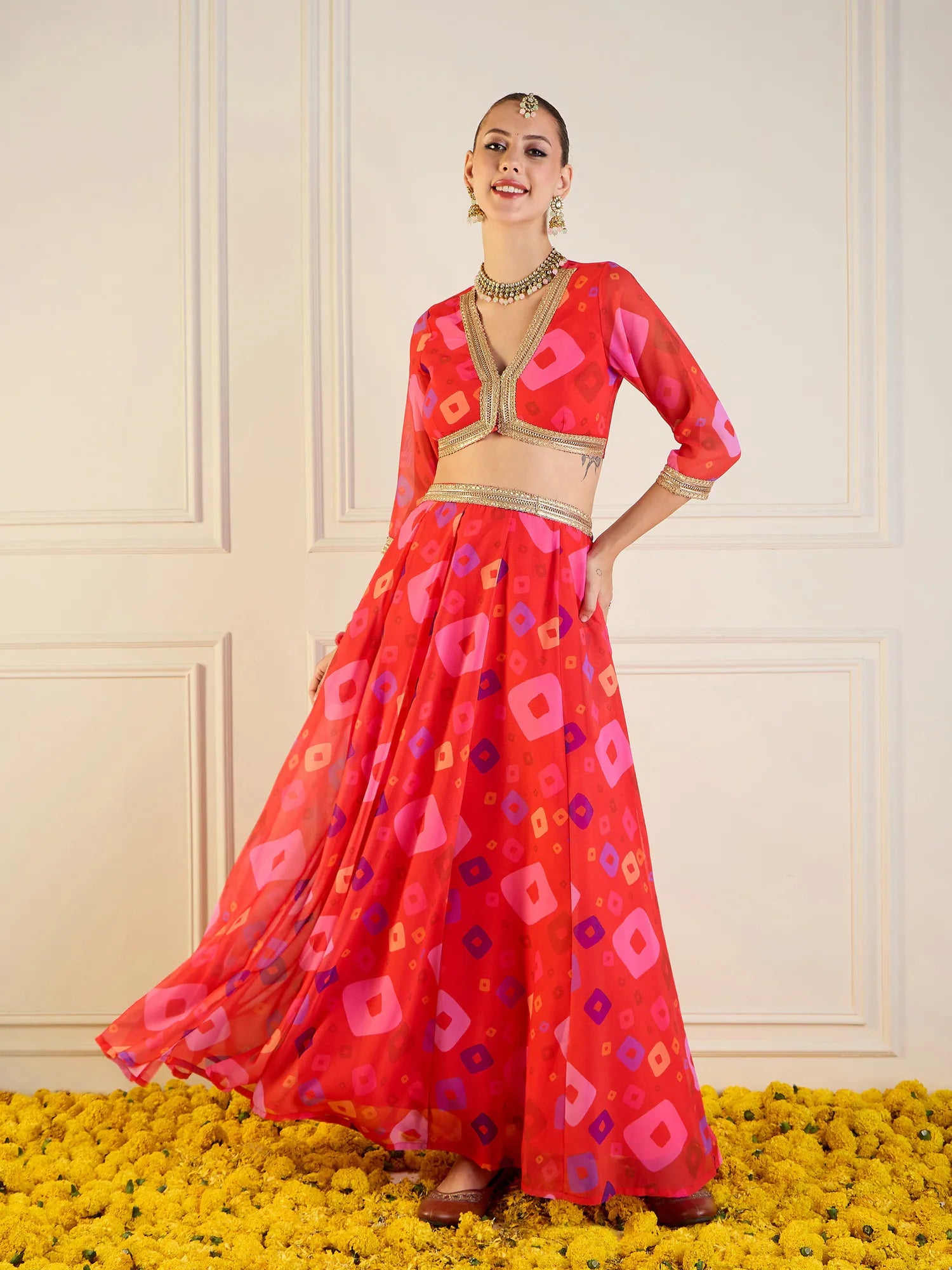 Red Bandhej Anarkali Skirt Set | Women's Ethnic Lehenga Choli