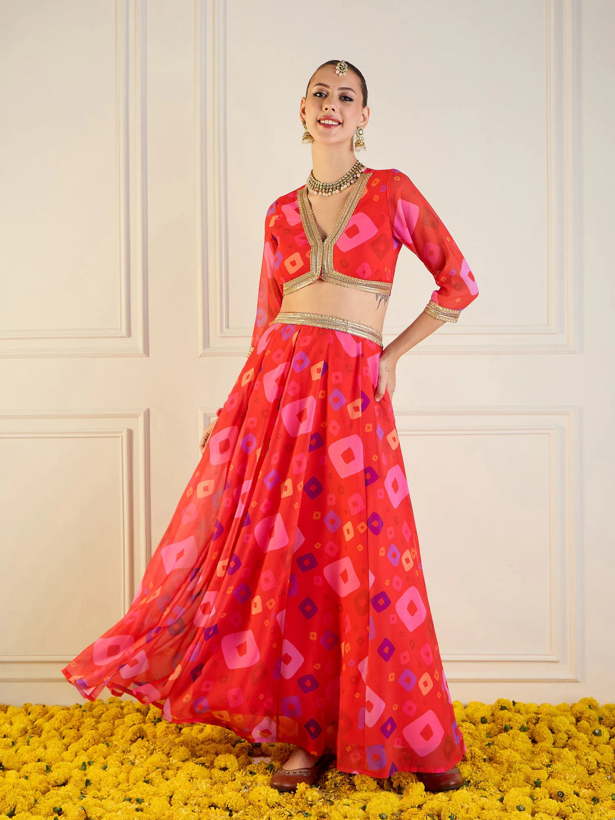 Women Red Bandhej Anarkali Skirt With Crop Top-SHSET95952