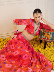 Women Red Bandhej Anarkali Skirt With Crop Top-SHSET95952