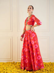 Women Red Bandhej Anarkali Skirt With Crop Top-SHSET95952