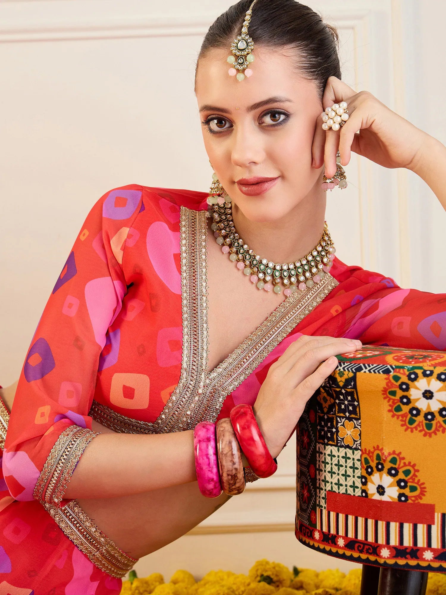Red Bandhej Anarkali Skirt Set | Women's Ethnic Lehenga Choli