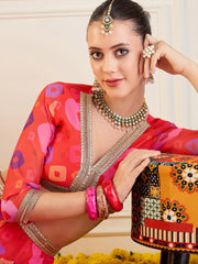 Women Red Bandhej Anarkali Skirt With Crop Top-SHSET95952