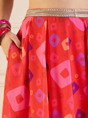 Women Red Bandhej Anarkali Skirt With Crop Top-SHSET95952
