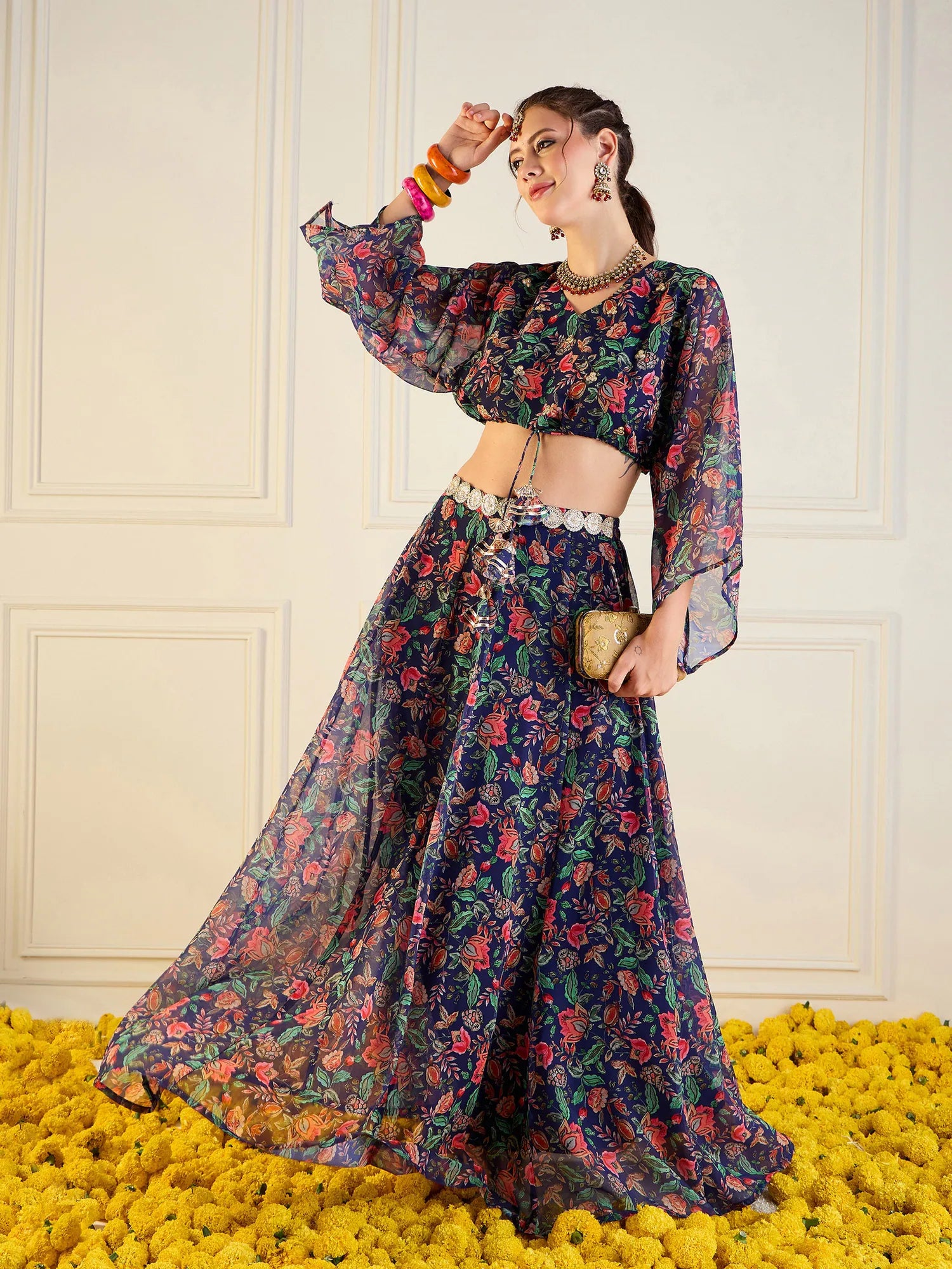 Navy Floral Anarkali Skirt with Dori Crop Top - Wedding Lehenga