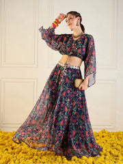 Women Navy Floral Anarkali Skirt With Front Dori Crop Top-SHSET95953
