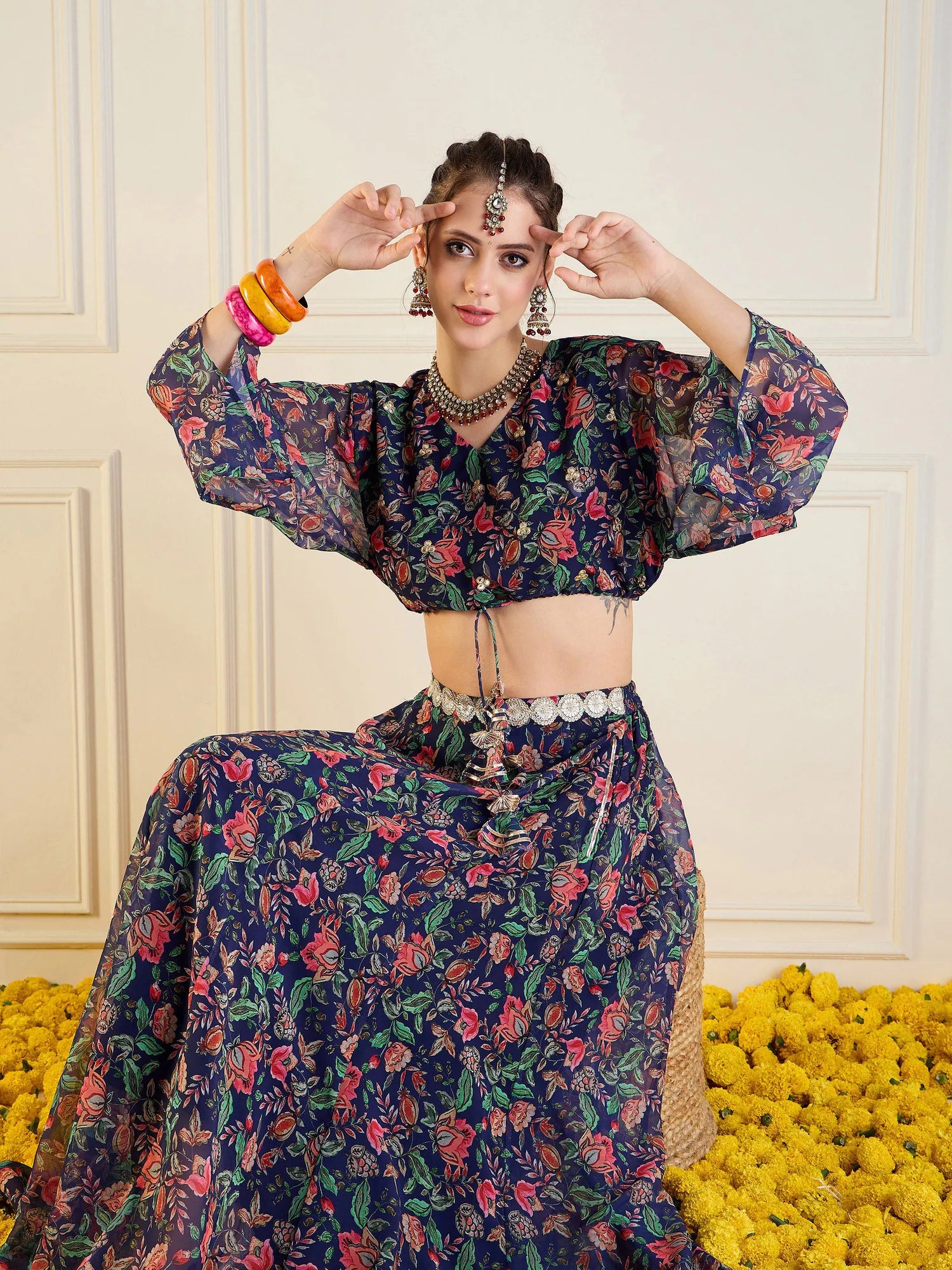 Navy Floral Anarkali Skirt with Dori Crop Top - Wedding Lehenga