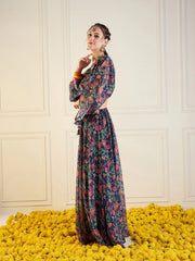 Women Navy Floral Anarkali Skirt With Front Dori Crop Top-SHSET95953