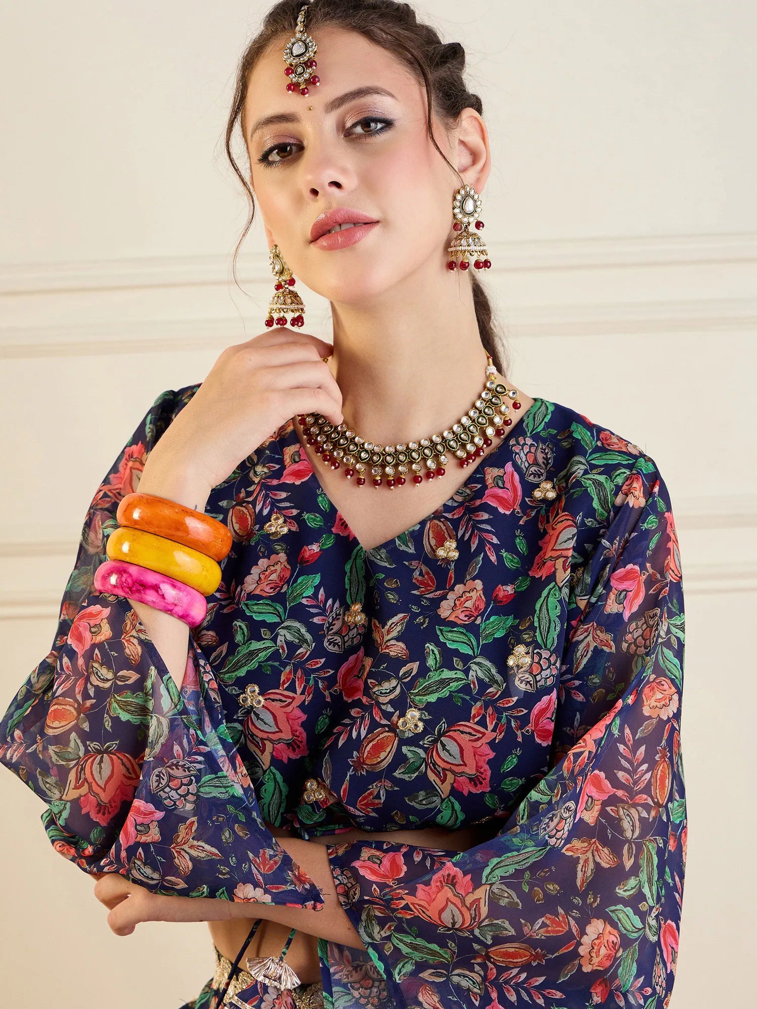 Navy Floral Anarkali Skirt with Dori Crop Top - Wedding Lehenga