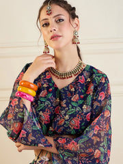 Women Navy Floral Anarkali Skirt With Front Dori Crop Top-SHSET95953