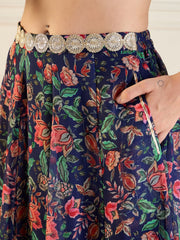 Women Navy Floral Anarkali Skirt With Front Dori Crop Top-SHSET95953