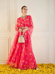 Women Fuchsia Floral Anarkali Skirt With Front Dori Crop Top-SHSET95954