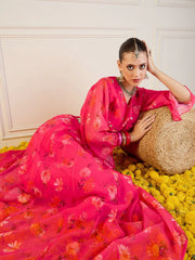 Women Fuchsia Floral Anarkali Skirt With Front Dori Crop Top-SHSET95954
