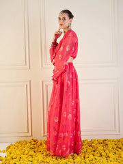 Women Fuchsia Floral Anarkali Skirt With Front Dori Crop Top-SHSET95954
