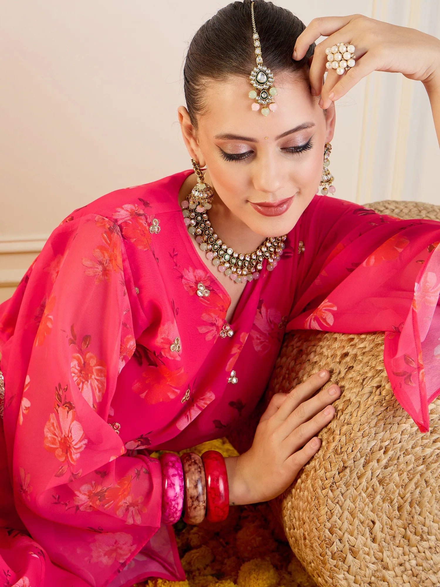 Fuchsia Floral Lehenga Choli Anarkali Skirt Crop Top-Designer ...