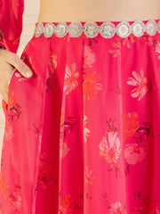 Women Fuchsia Floral Anarkali Skirt With Front Dori Crop Top-SHSET95954