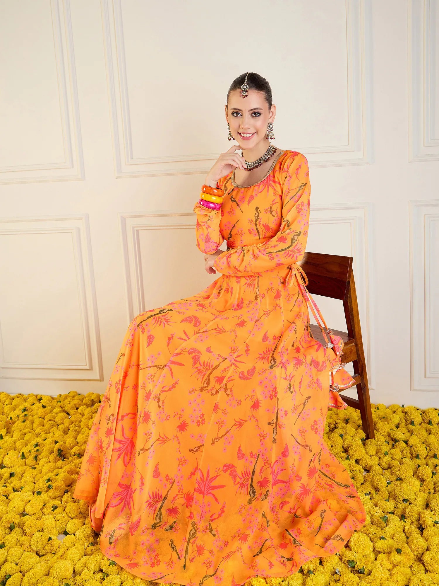Mustard Printed Anarkali Skirt & Crop Top-Women's Party Wear L...