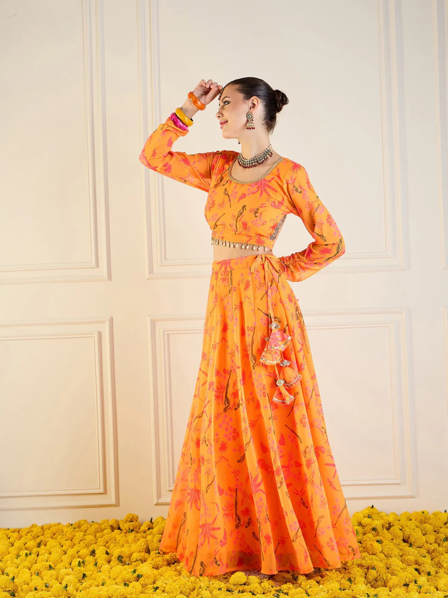 Mustard Printed Anarkali Skirt & Crop Top-Women's Party Wear L...