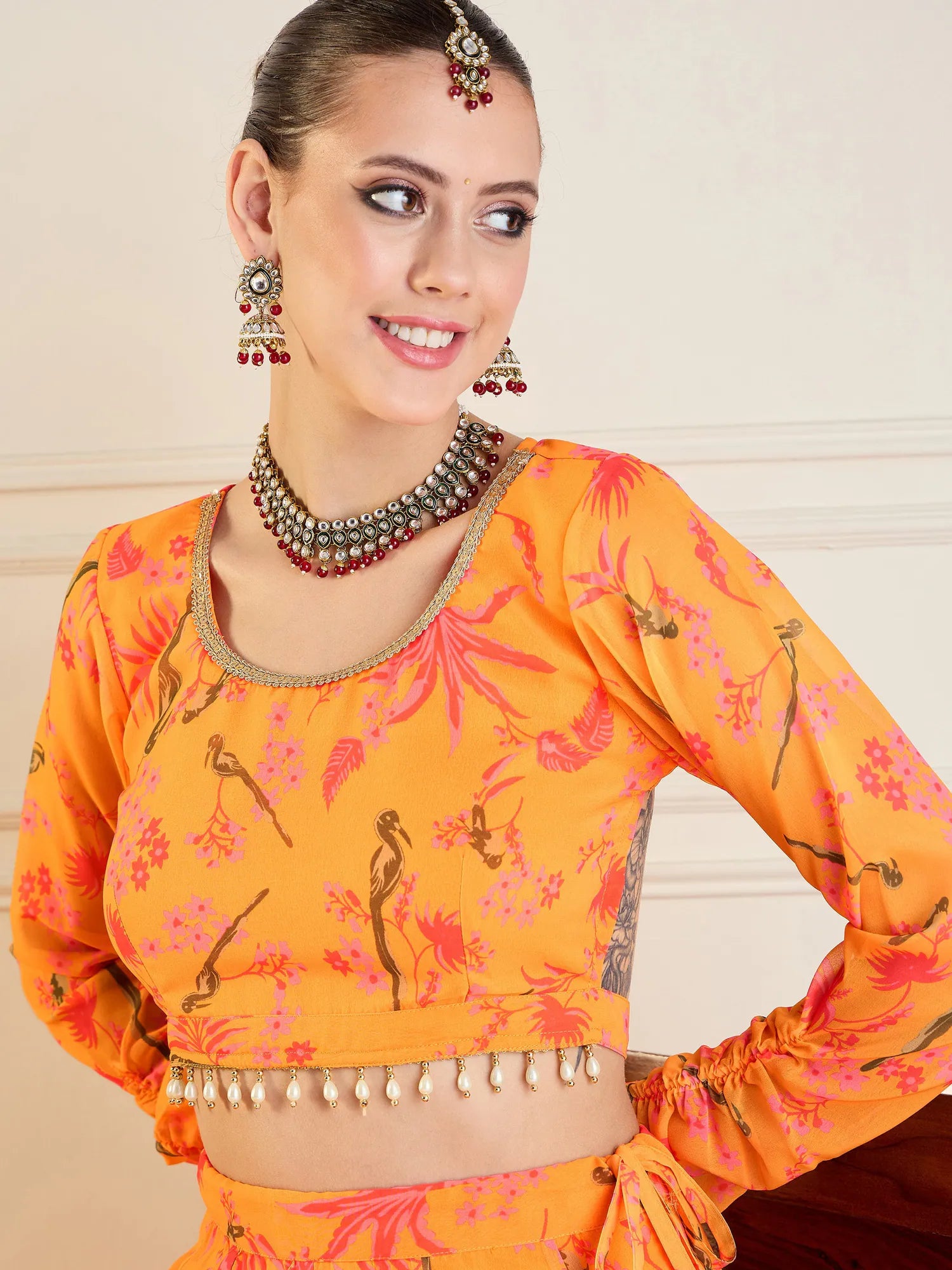 Mustard Printed Anarkali Skirt & Crop Top-Women's Party Wear L...