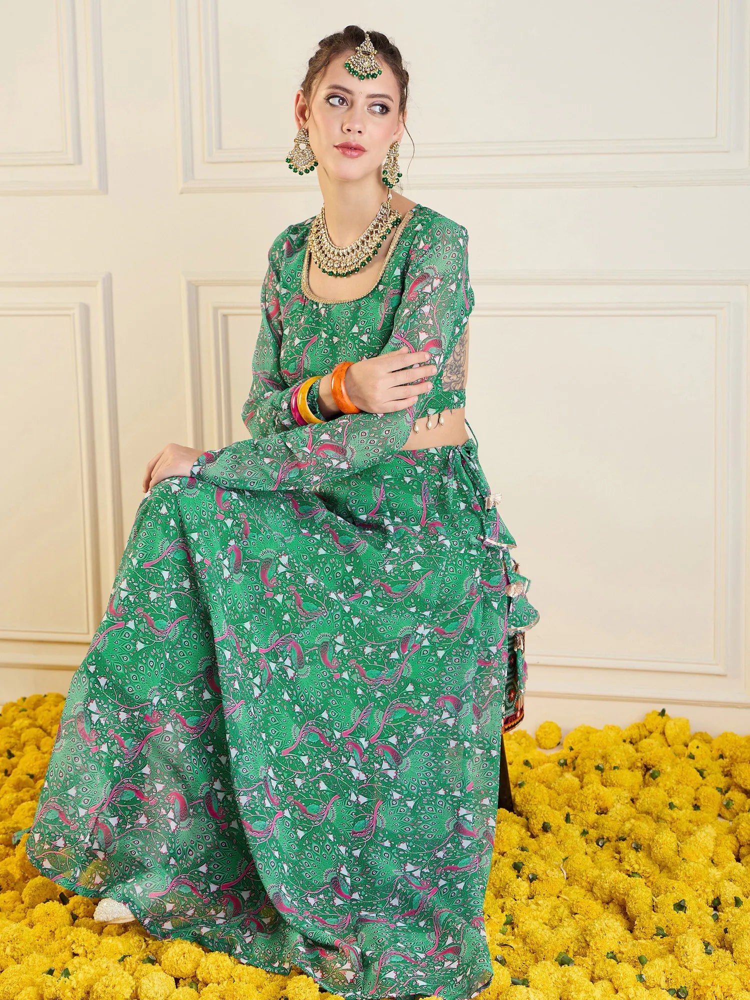 Green Printed Anarkali Skirt & Crop Top | Party Wear Lehenga