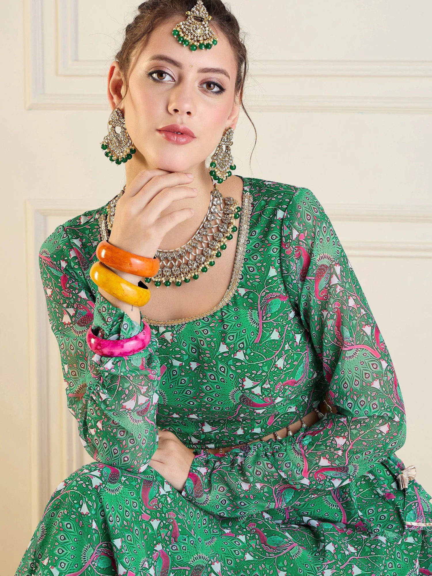 Green Printed Anarkali Skirt & Crop Top | Party Wear Lehenga