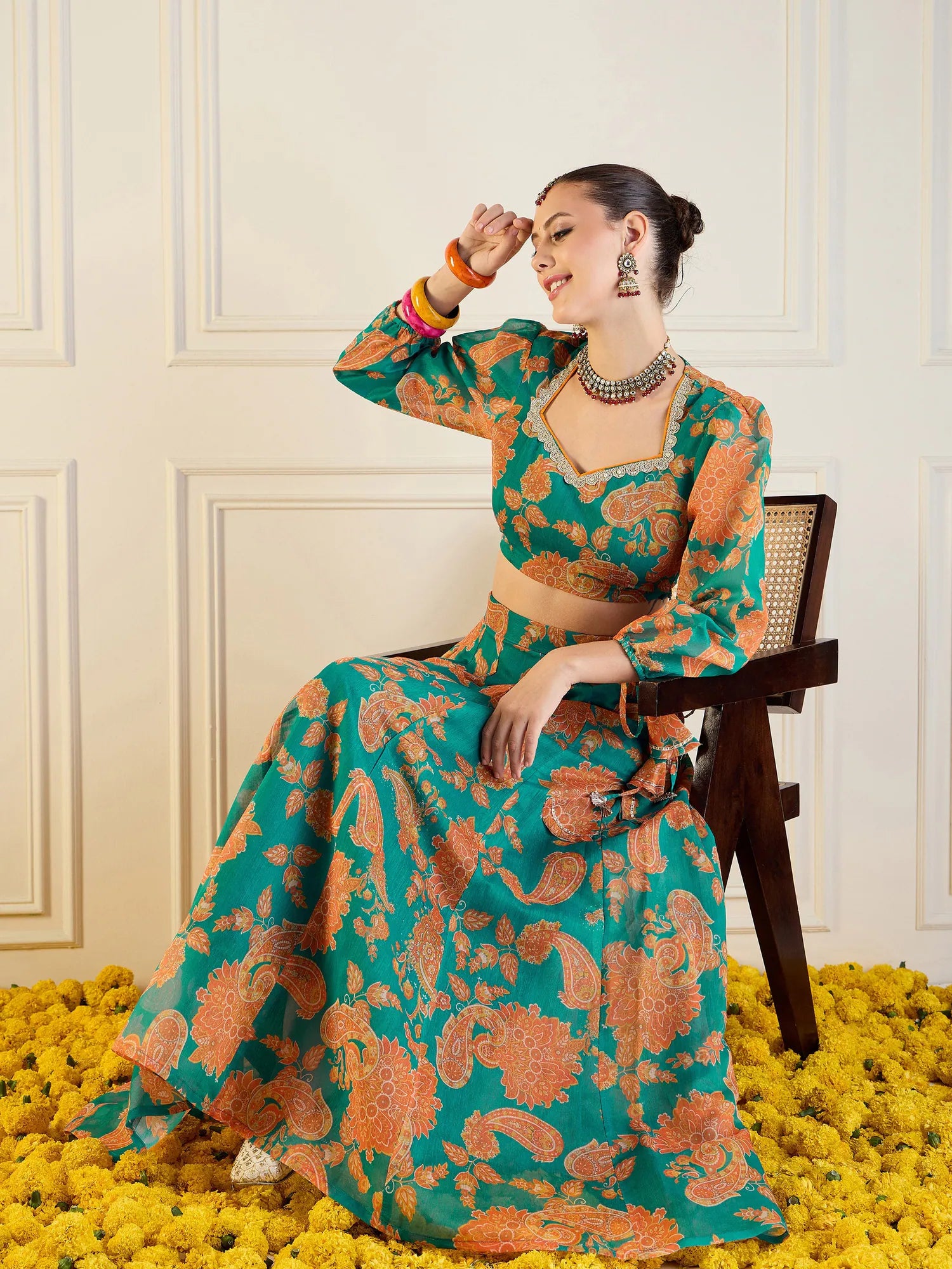 Floral Anarkali Skirt with Crop Top Lehenga Choli - Green & Mu...