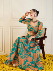 Women Green & Mustard Floral Anarkali Skirt With Crop Top-SHSET95957