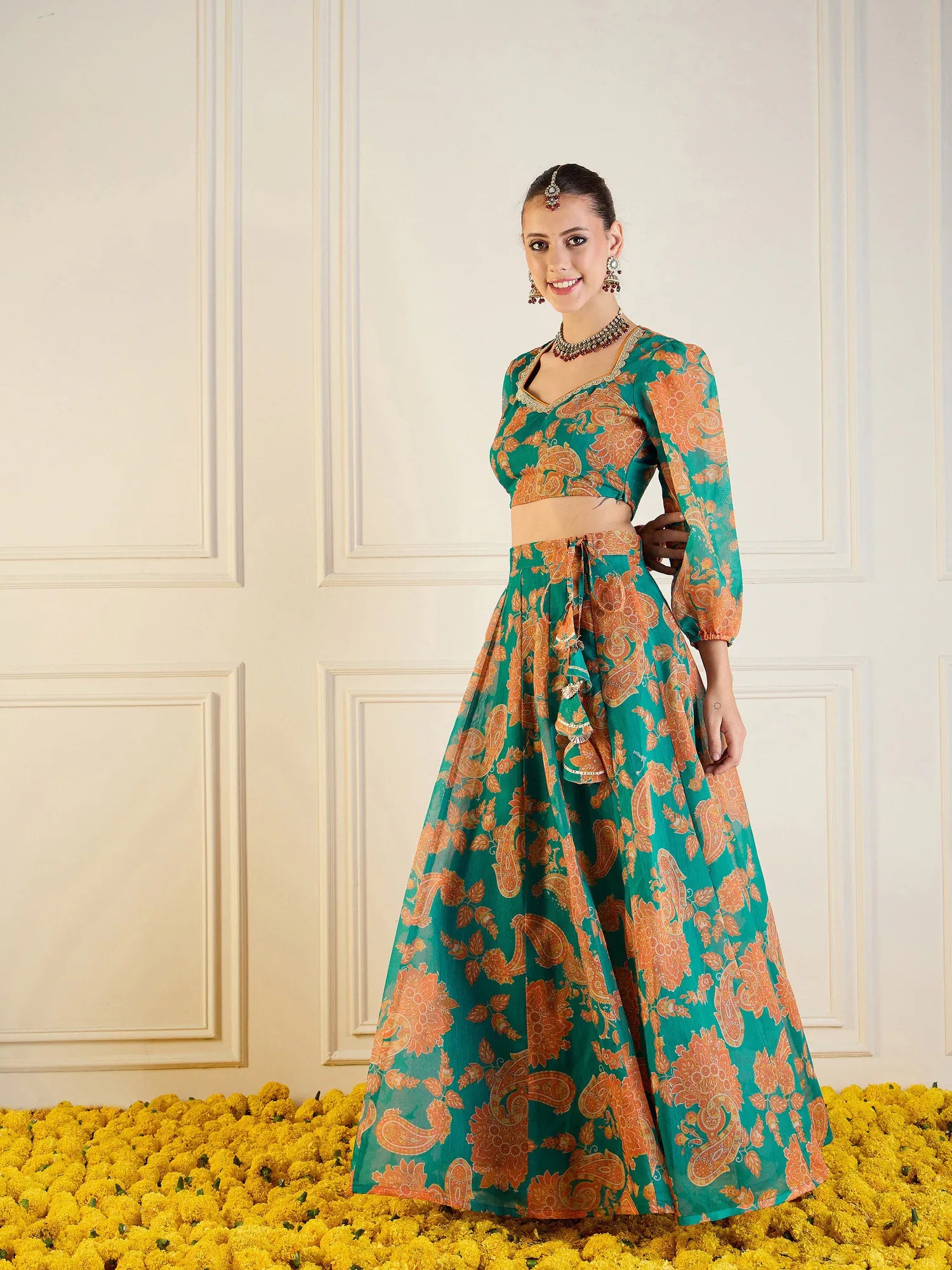 Floral Anarkali Skirt with Crop Top Lehenga Choli - Green & Mu...