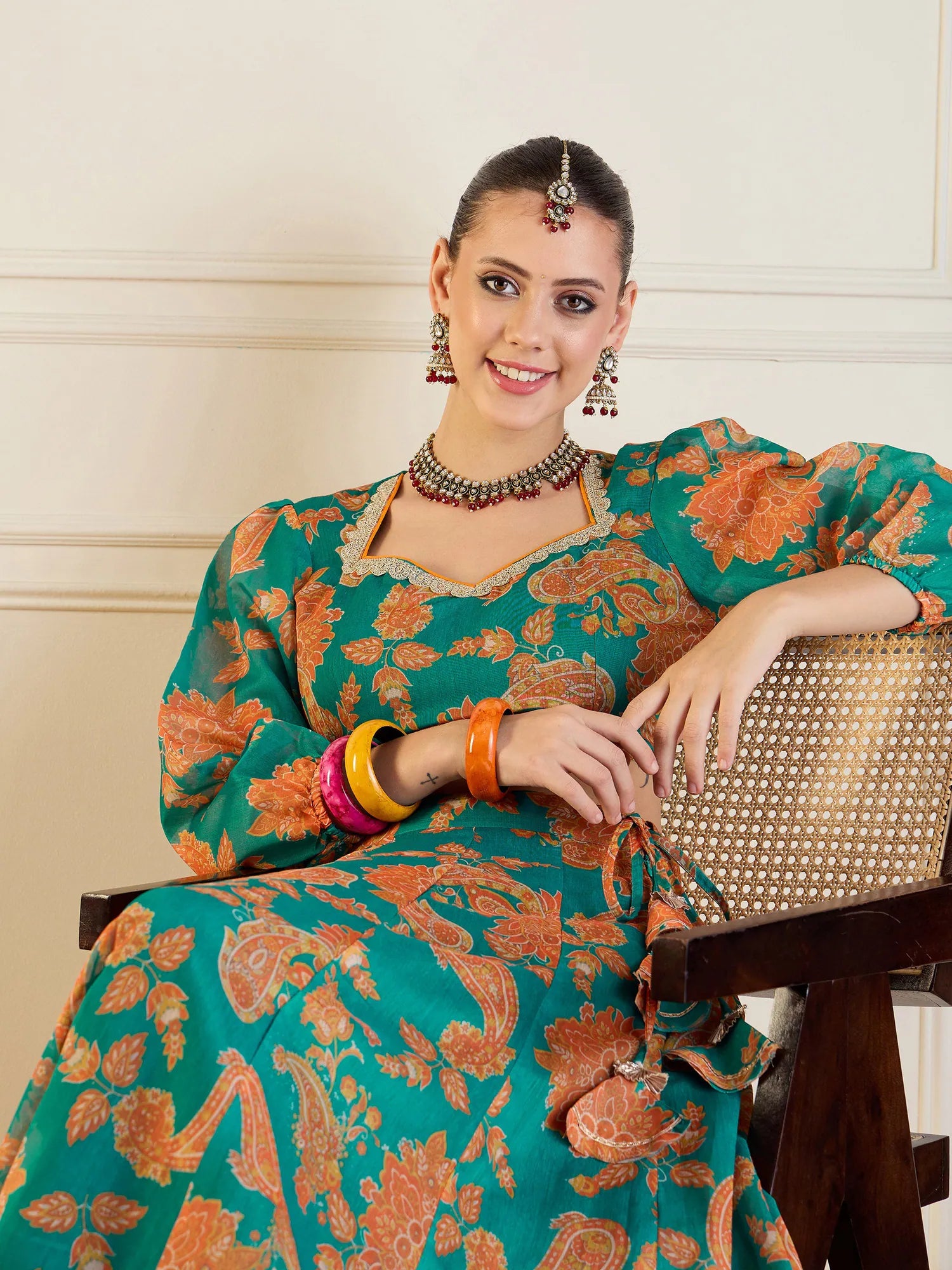 Floral Anarkali Skirt with Crop Top Lehenga Choli - Green & Mu...