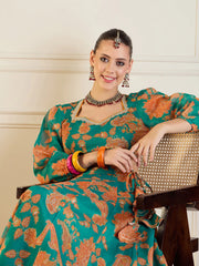 Women Green & Mustard Floral Anarkali Skirt With Crop Top-SHSET95957