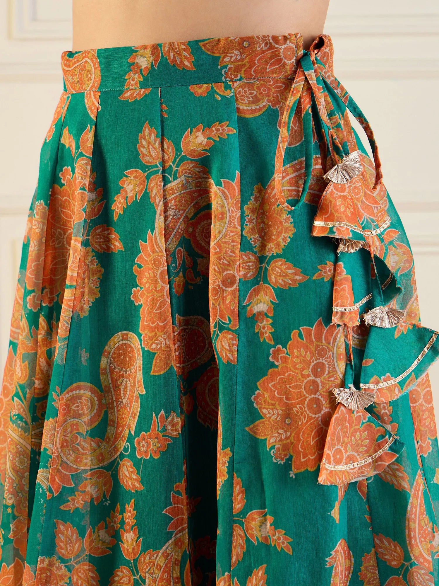 Floral Anarkali Skirt with Crop Top Lehenga Choli - Green & Mu...