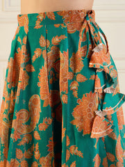Women Green & Mustard Floral Anarkali Skirt With Crop Top-SHSET95957