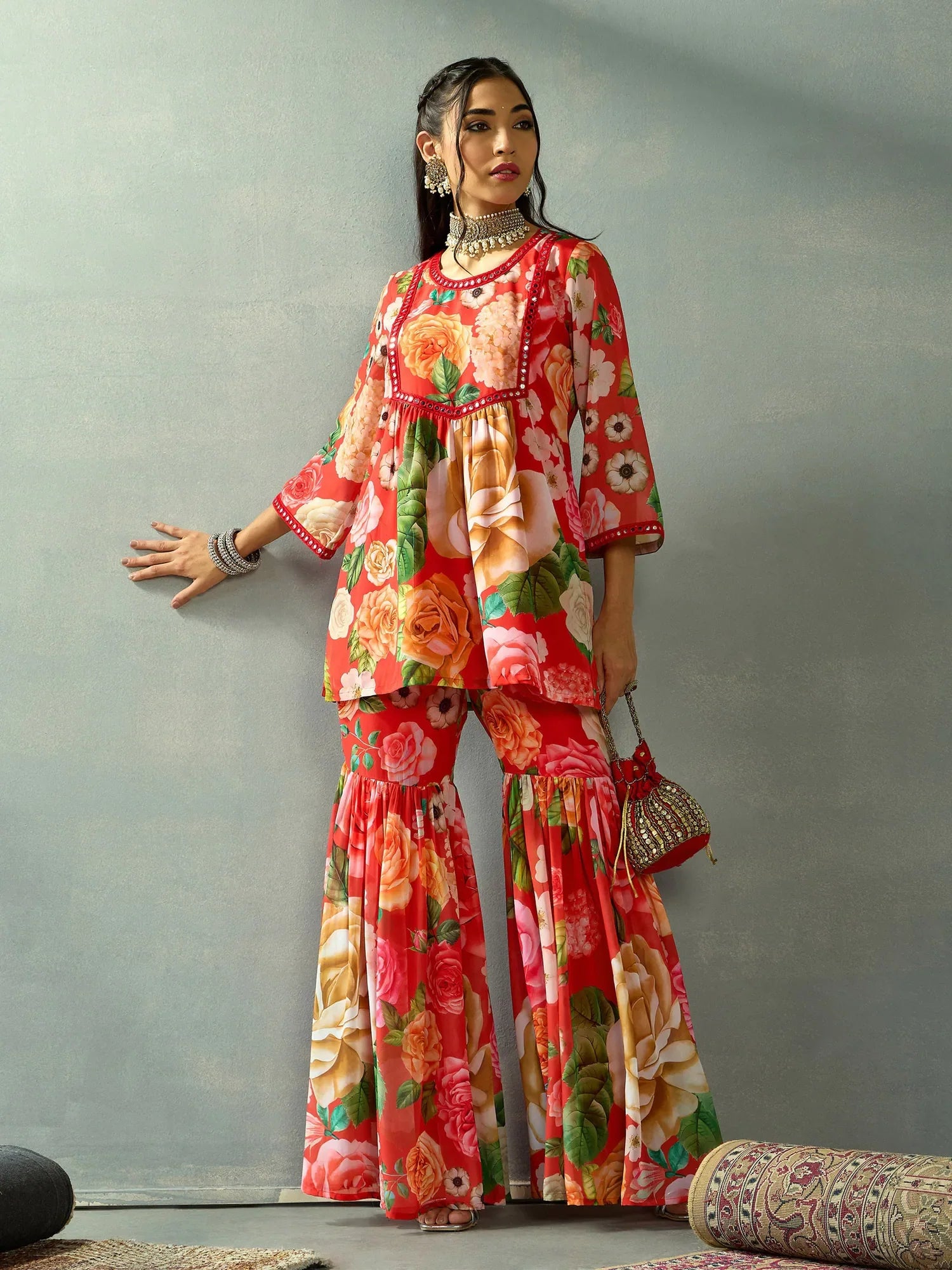 Women's Red Floral Peplum Kurta Sharara Pants Co-ord Set