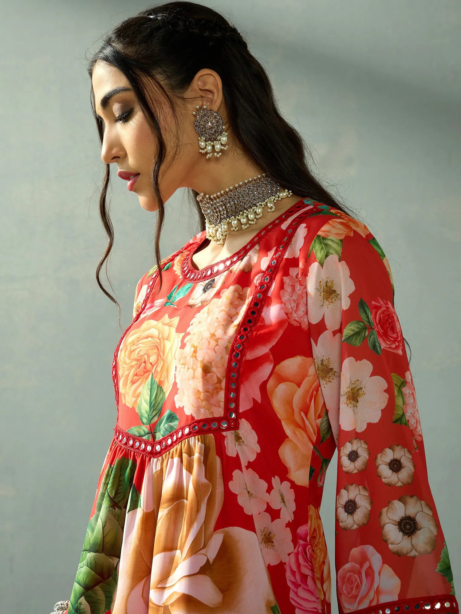 Women's Red Floral Peplum Kurta Sharara Pants Co-ord Set