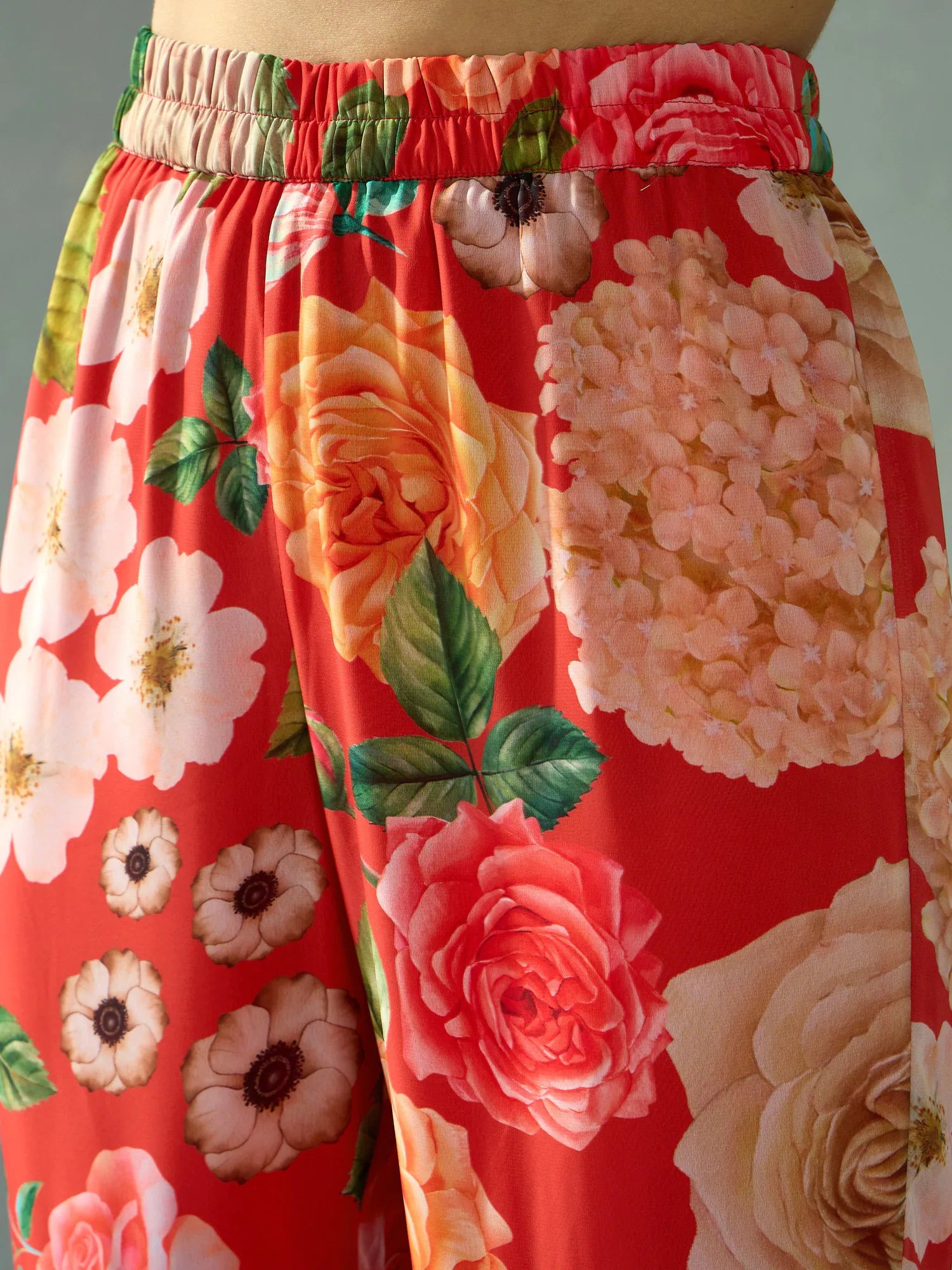 Women's Red Floral Peplum Kurta Sharara Pants Co-ord Set