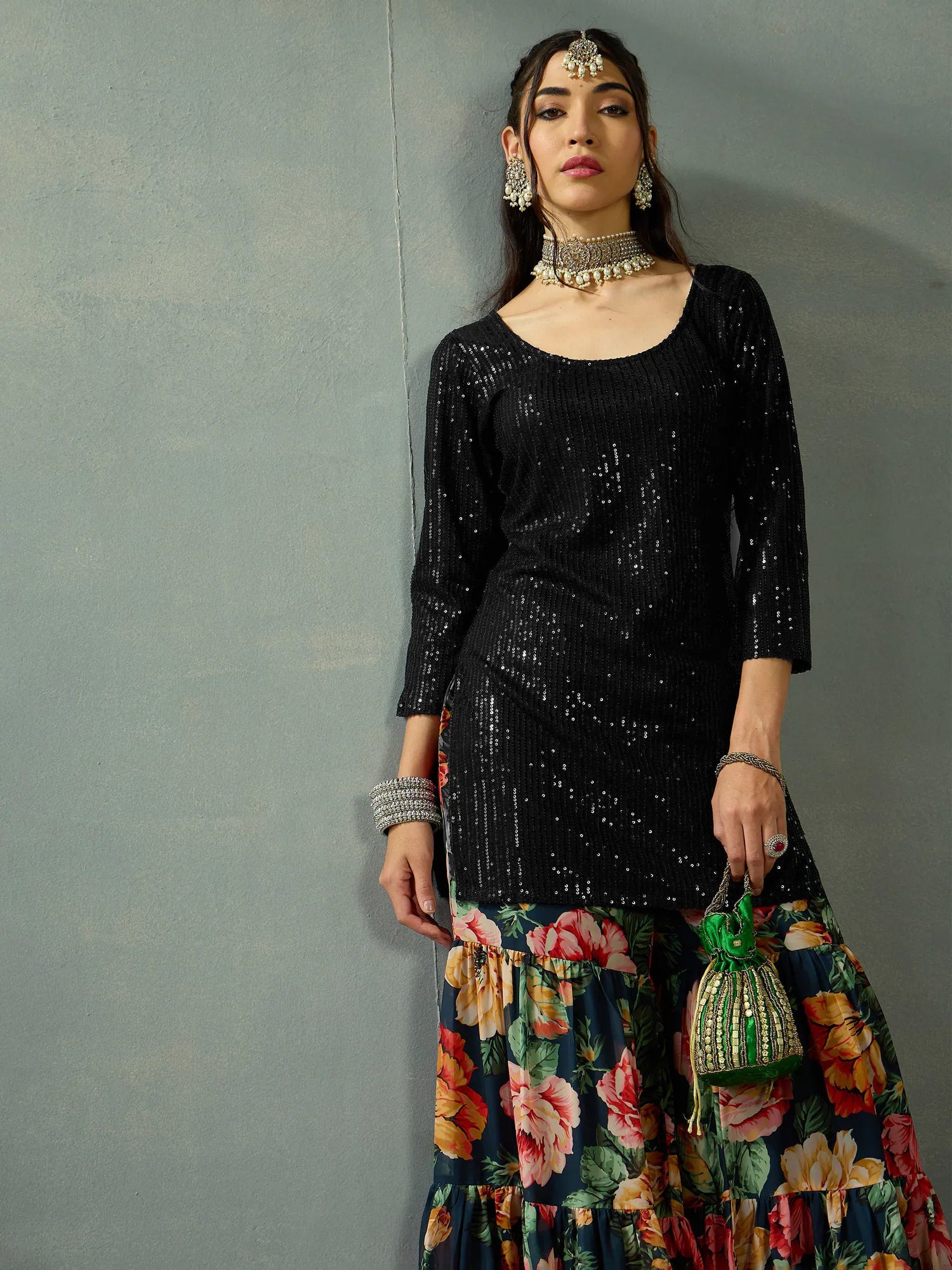 Black Sequin Kurta & Sharara - Women's Printed Co Ord Sets