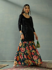 Women Black Sequence Short Kurta With Sharara Pants-SHSET96044