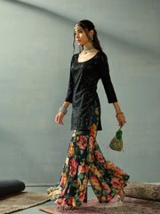 Women Black Sequence Short Kurta With Sharara Pants-SHSET96044