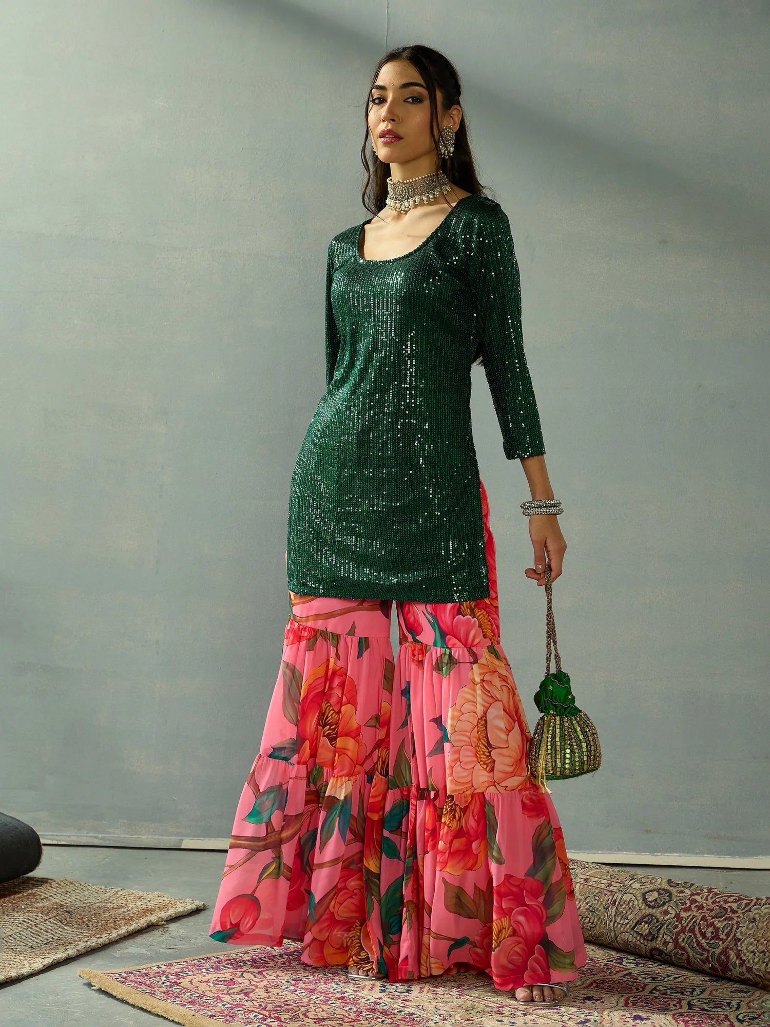 Green Sequin Kurta & Sharara Set - Trendy Two Piece Sets Women