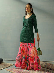 Women Green Sequence Short Kurta With Sharara Pants-SHSET96045