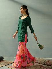 Women Green Sequence Short Kurta With Sharara Pants-SHSET96045