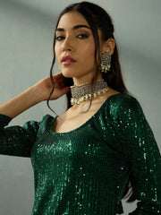 Women Green Sequence Short Kurta With Sharara Pants-SHSET96045