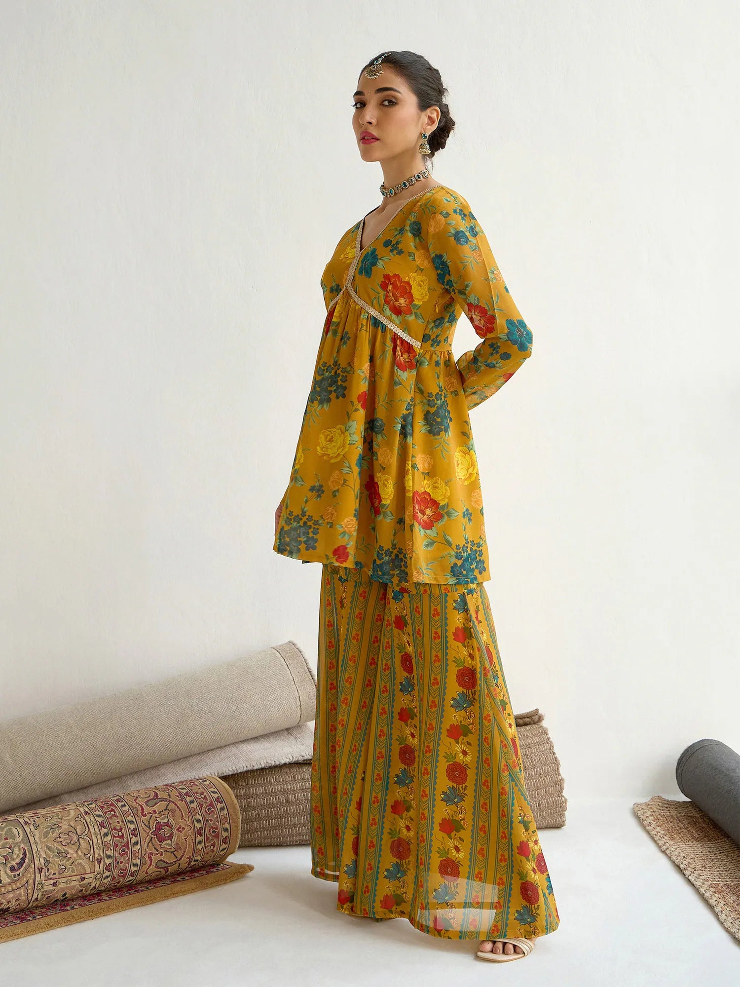 Mustard Floral Sharara Set | Stylish Co Ord Sets for Women