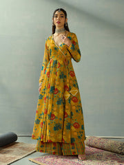 Women Mustard Floral Wrap Anarkali Kurta With Straight Pants-SHSET96049