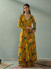 Women Mustard Floral Wrap Anarkali Kurta With Straight Pants-SHSET96049